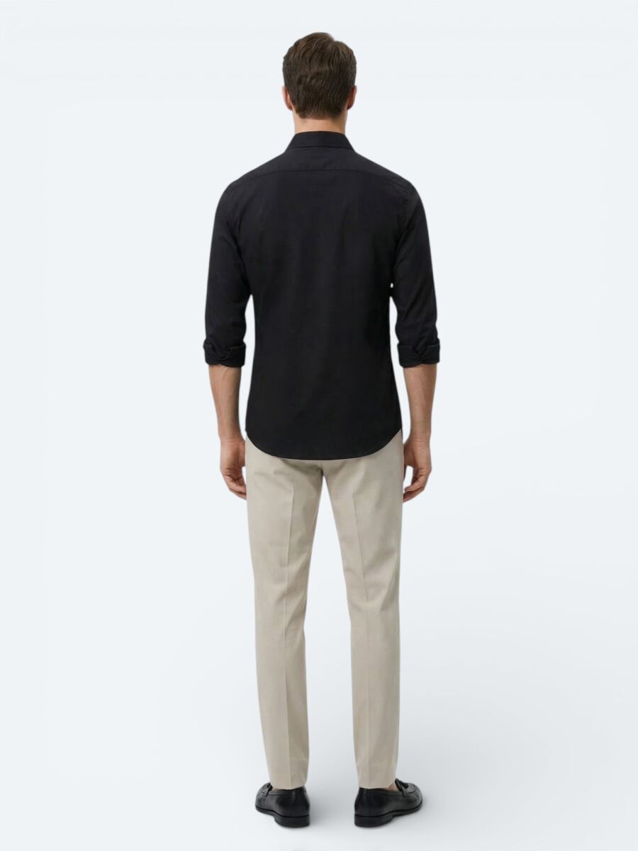 Black Plain Slim Fit Long Weaving Classical Cotton Blended Shirt - 5