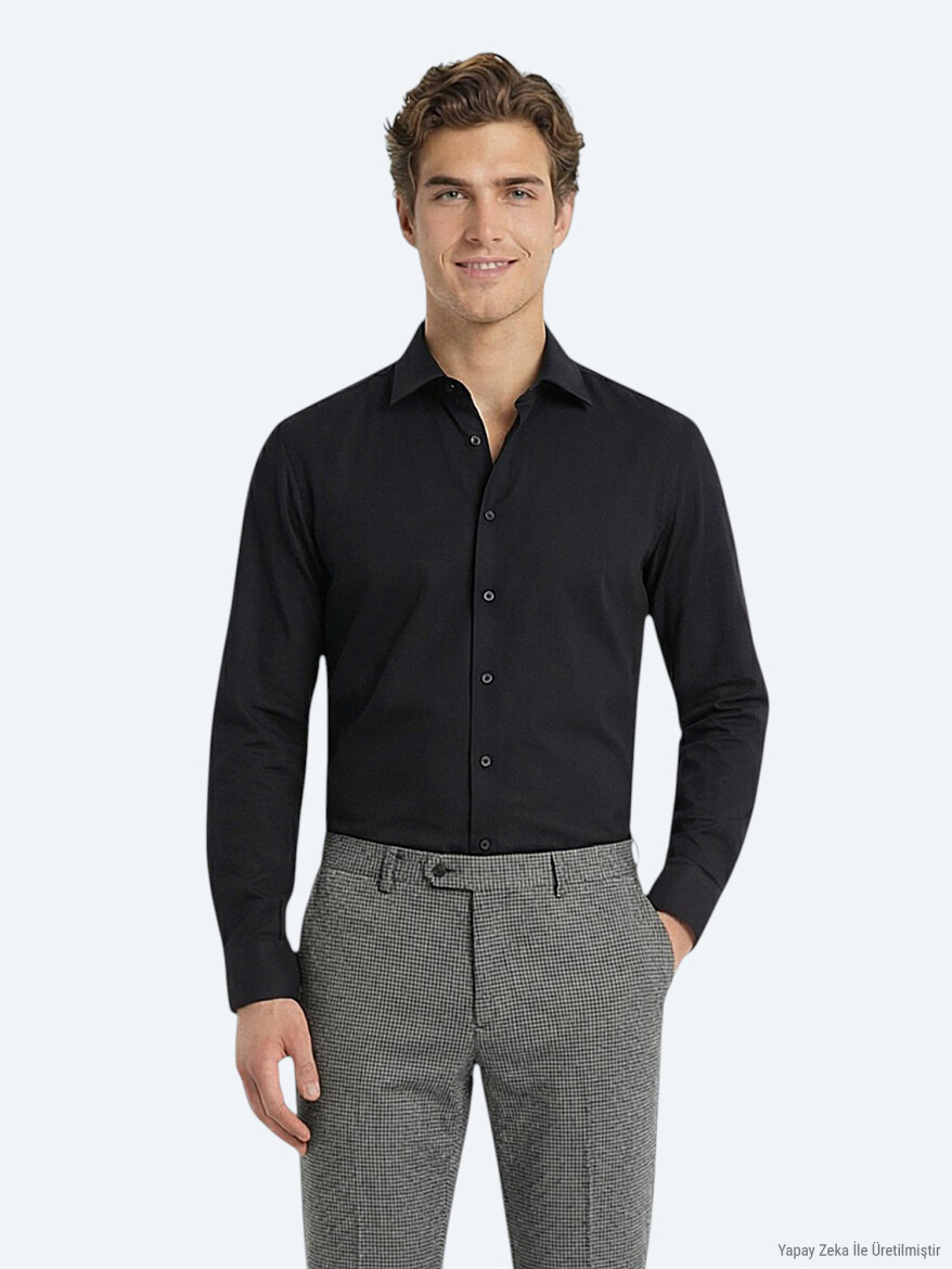 Black Plain Slim Fit Long Weaving Classical Cotton Blended Shirt - KİP