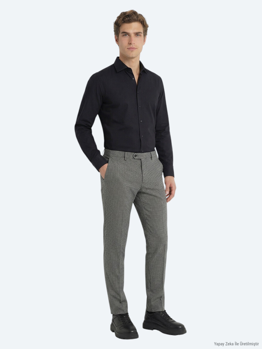 Black Plain Slim Fit Long Weaving Classical Cotton Blended Shirt - KİP
