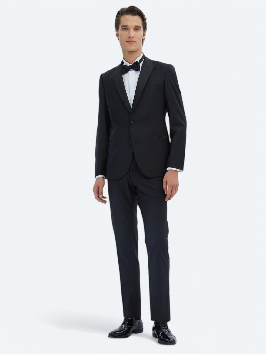 Black Plain Slim Fit Removable Double Breasted Brass Tuxedo - 2