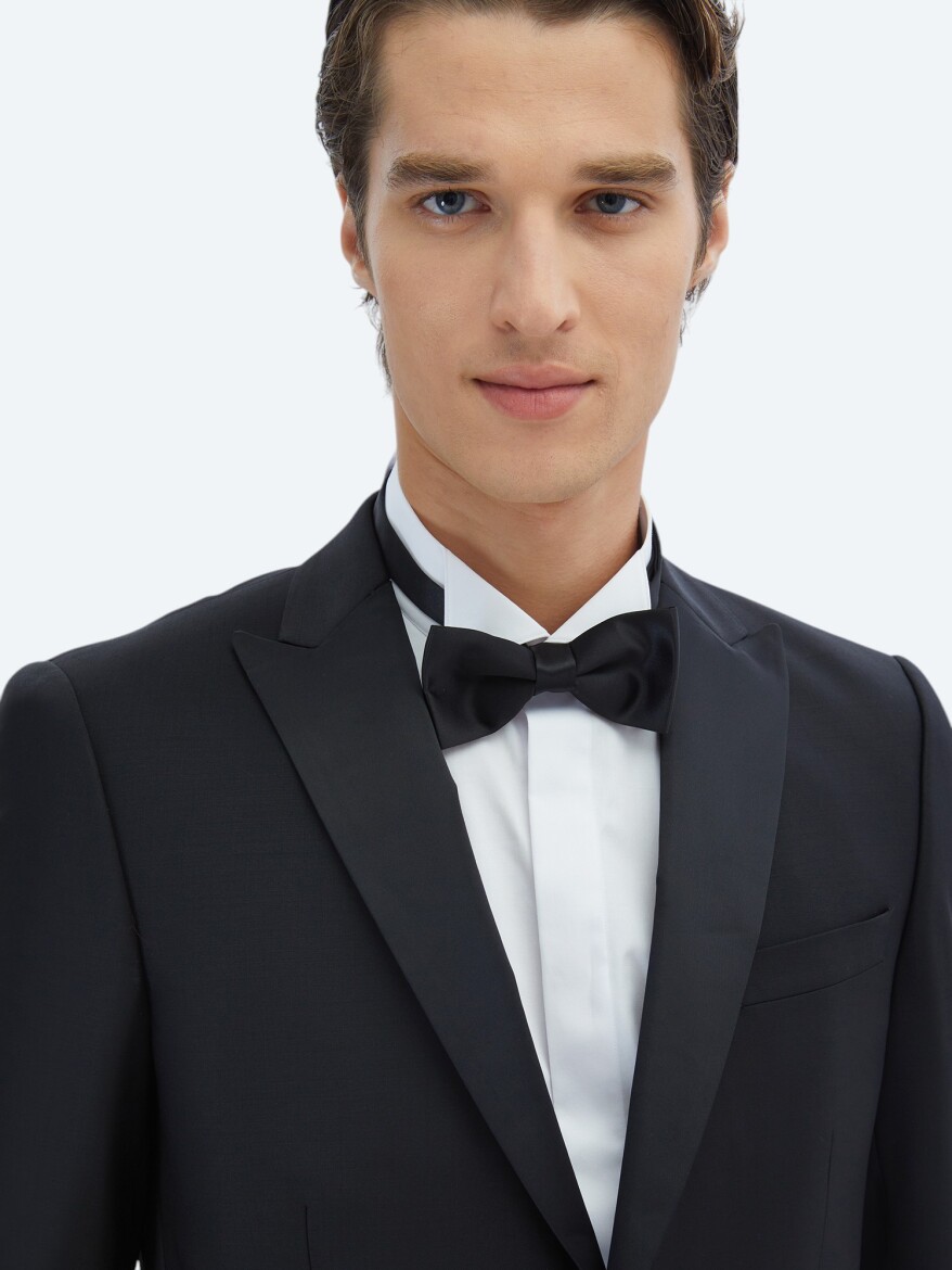 Black Plain Slim Fit Removable Double Breasted Brass Tuxedo - 3