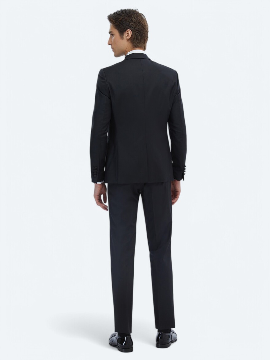 Black Plain Slim Fit Removable Double Breasted Brass Tuxedo - 5