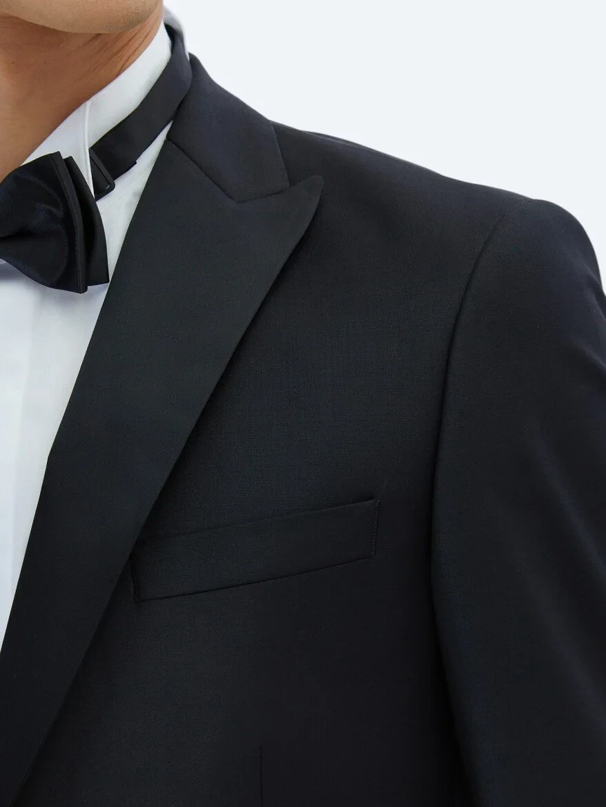 Black Plain Slim Fit Removable Double Breasted Brass Tuxedo - 4