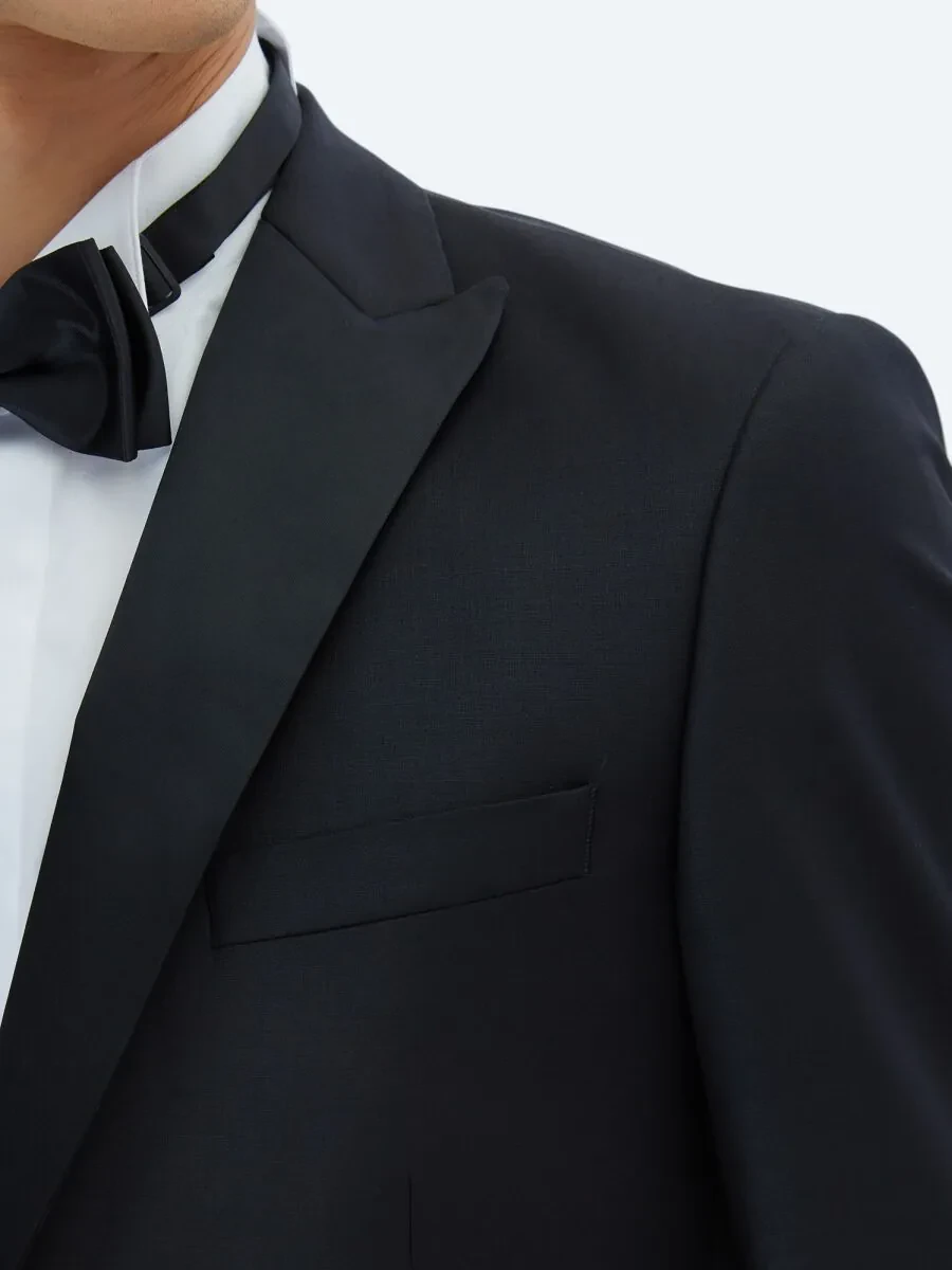 Black Plain Slim Fit Removable Double Breasted Brass Tuxedo - 4