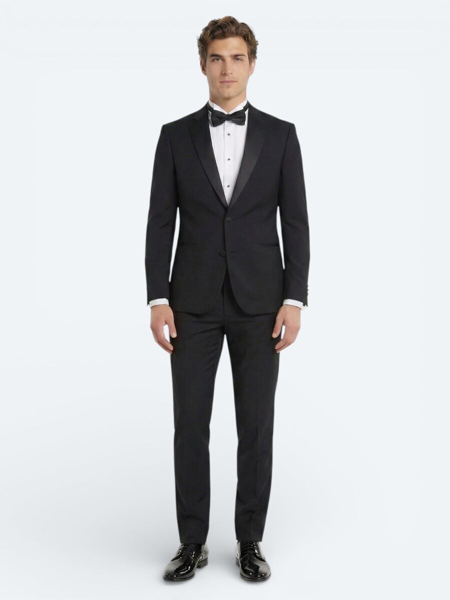 Black Plain Slim Fit Removable Double Breasted Weaving Tuxedo - 1