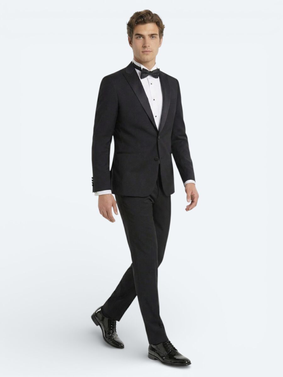 Black Plain Slim Fit Removable Double Breasted Weaving Tuxedo - 2