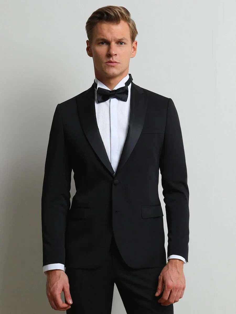Black Plain Slim Fit Removable Double Breasted Weaving Tuxedo - 1