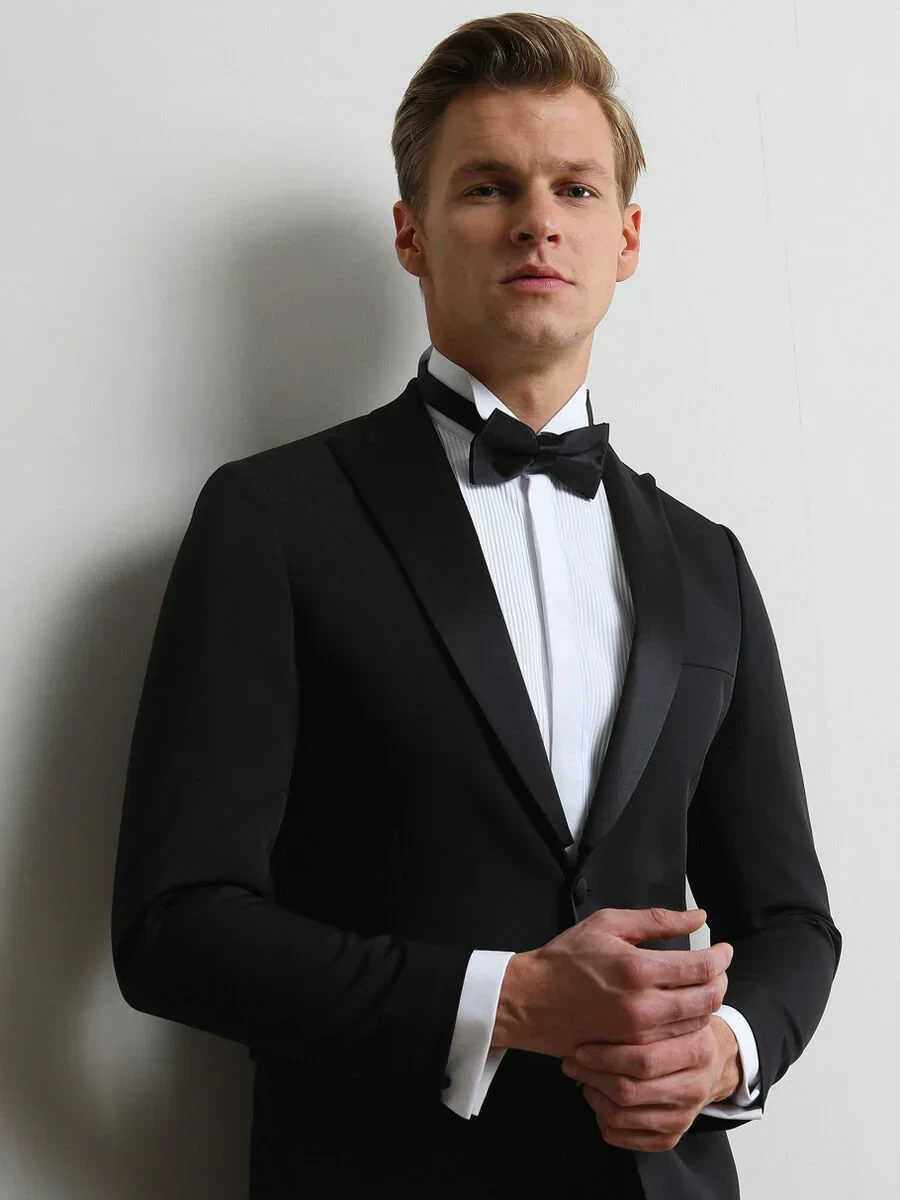 Black Plain Slim Fit Removable Double Breasted Weaving Tuxedo - 2