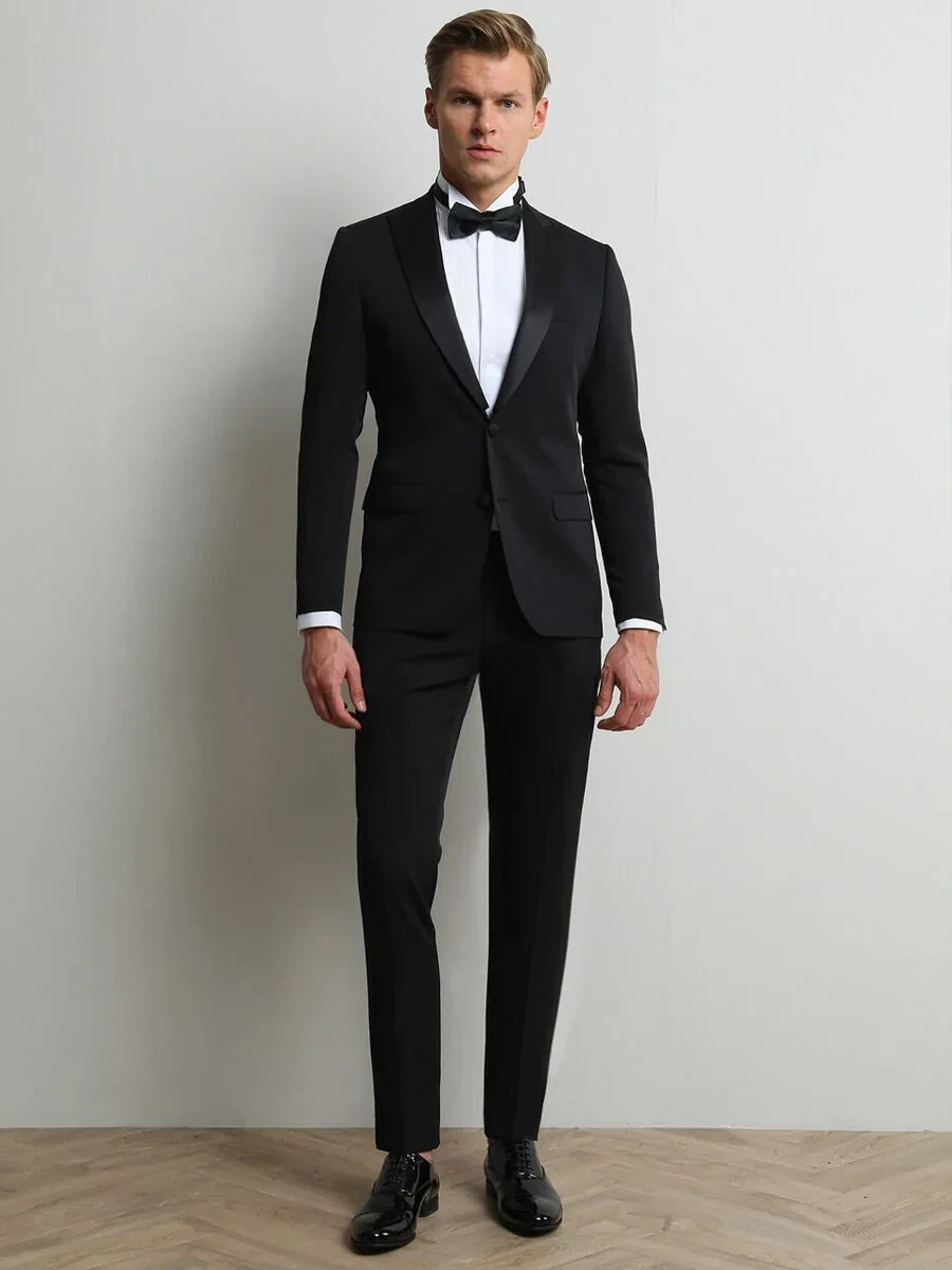 Black Plain Slim Fit Removable Double Breasted Weaving Tuxedo - 3