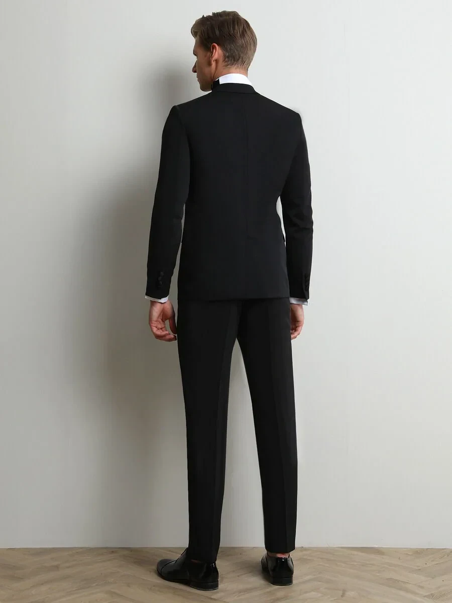 Black Plain Slim Fit Removable Double Breasted Weaving Tuxedo - 4