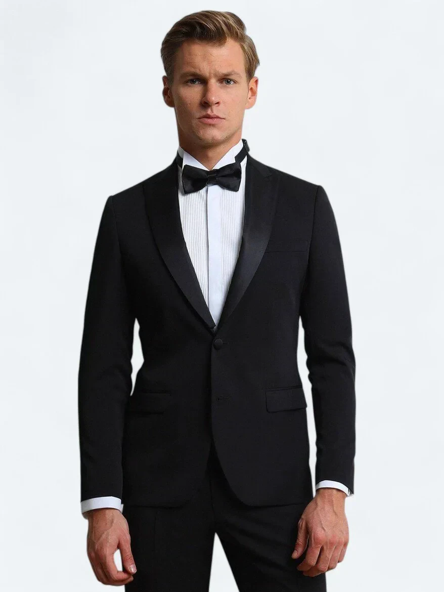 Black Plain Slim Fit Removable Double Breasted Weaving Tuxedo - 1