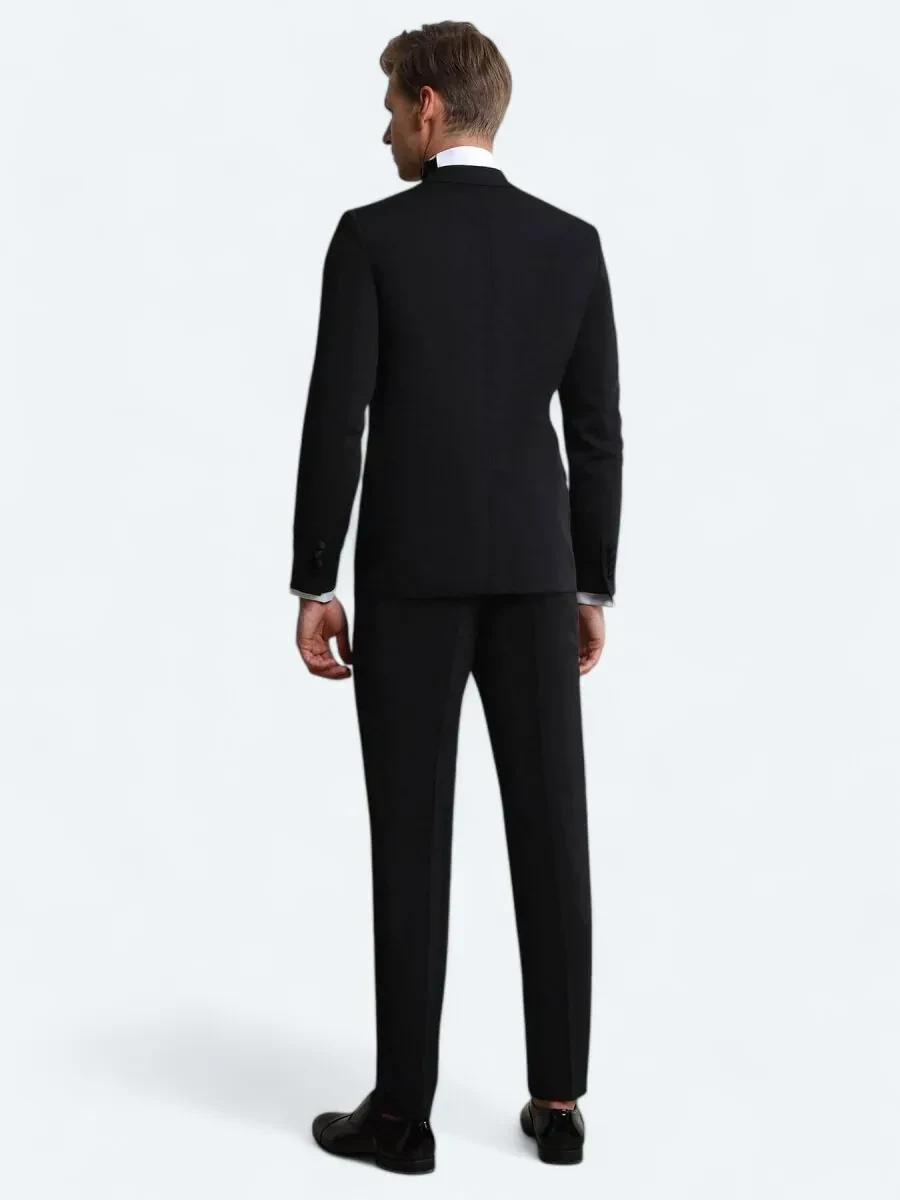 Black Plain Slim Fit Removable Double Breasted Weaving Tuxedo - 3