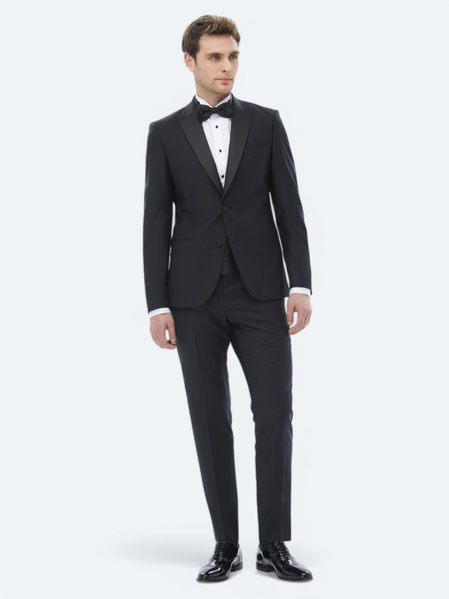 Black Plain Slim Fit Removable Double Breasted Weaving Tuxedo - 7