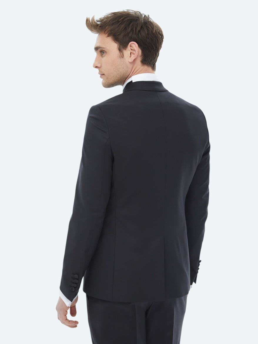 Black Plain Slim Fit Removable Double Breasted Weaving Tuxedo - 12