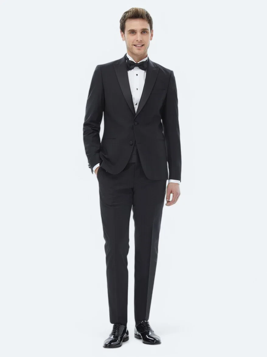 Black Plain Slim Fit Removable Double Breasted Weaving Tuxedo - 1