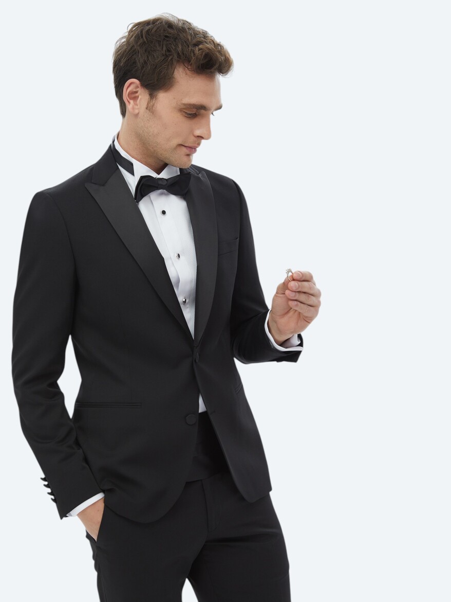 Black Plain Slim Fit Removable Double Breasted Weaving Tuxedo - 6
