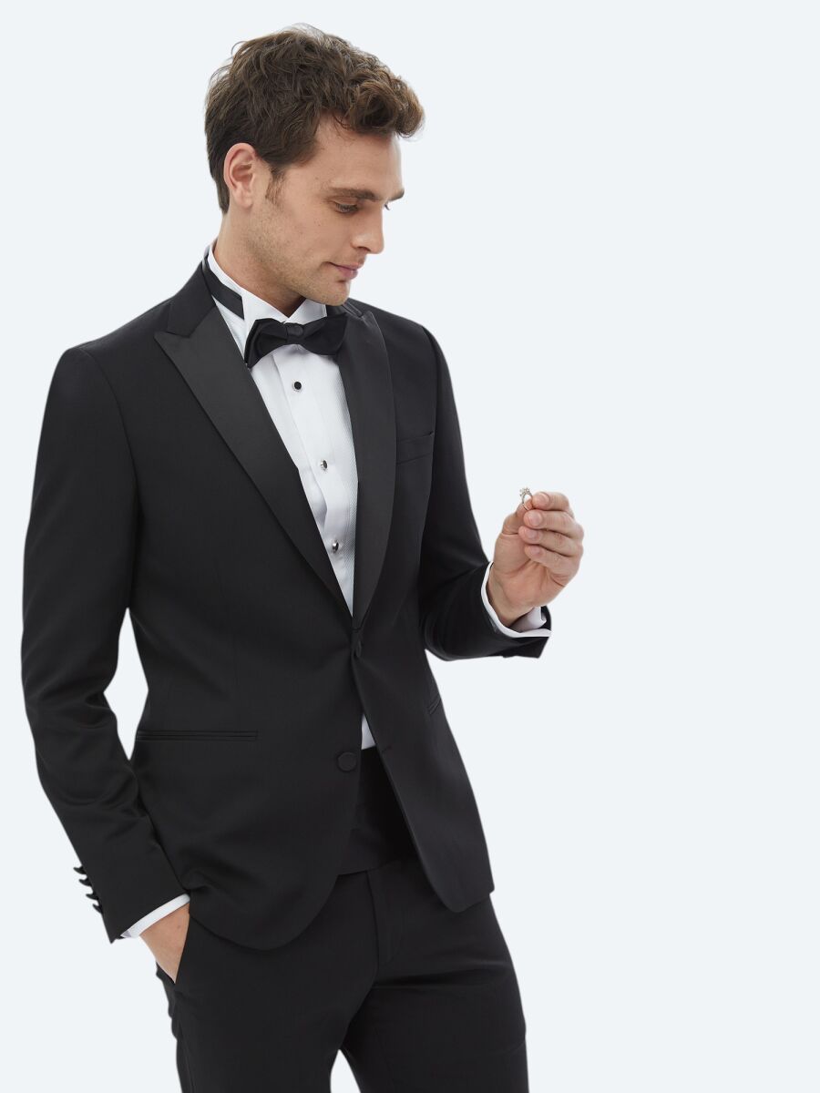 Black Plain Slim Fit Removable Double Breasted Weaving Tuxedo - 6
