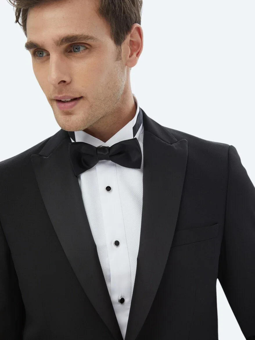 Black Plain Slim Fit Removable Double Breasted Weaving Tuxedo - 5