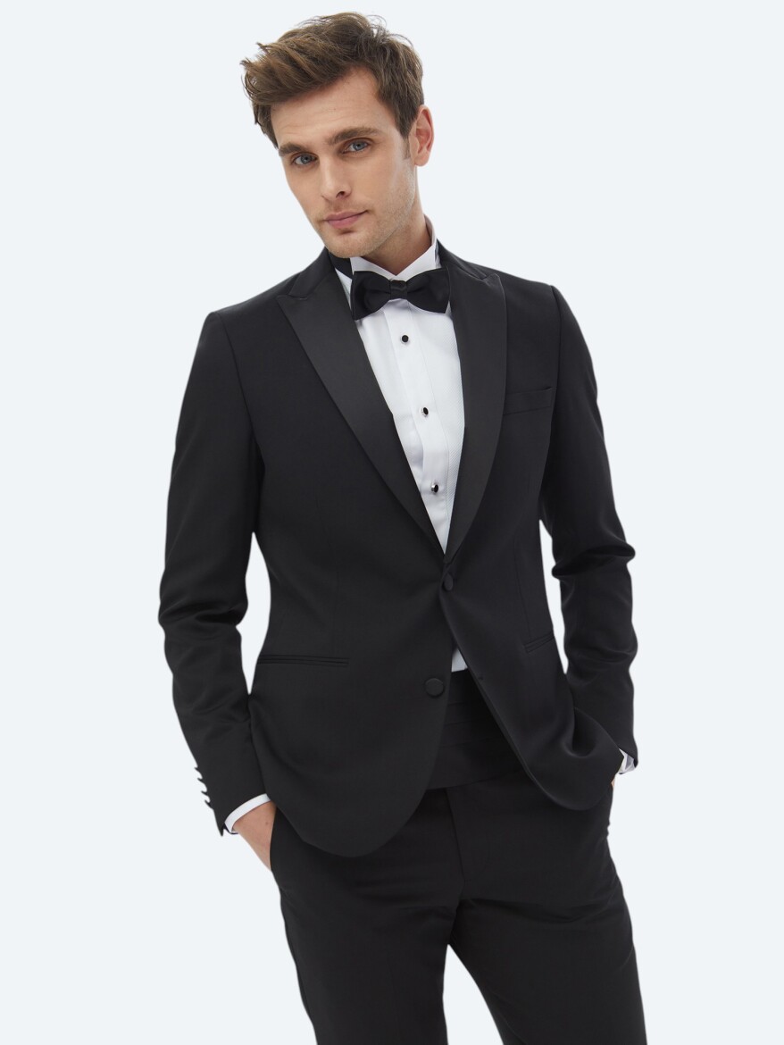 Black Plain Slim Fit Removable Double Breasted Weaving Tuxedo - 1