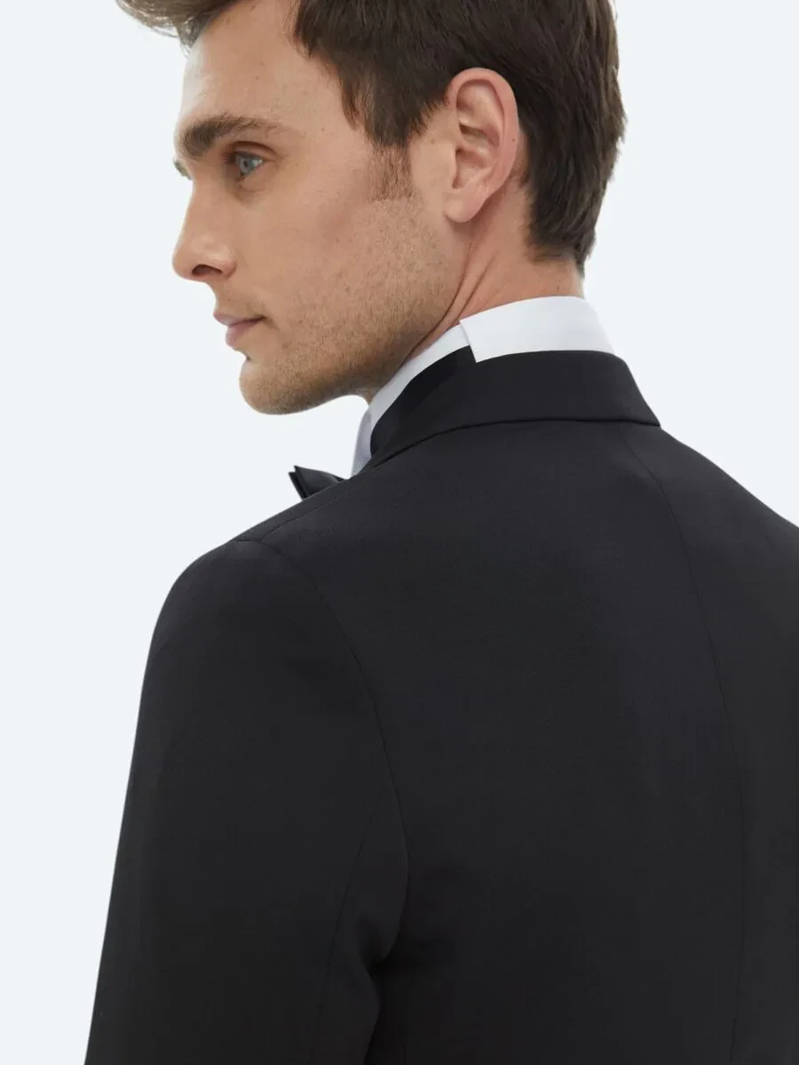 Black Plain Slim Fit Removable Double Breasted Weaving Tuxedo - 8