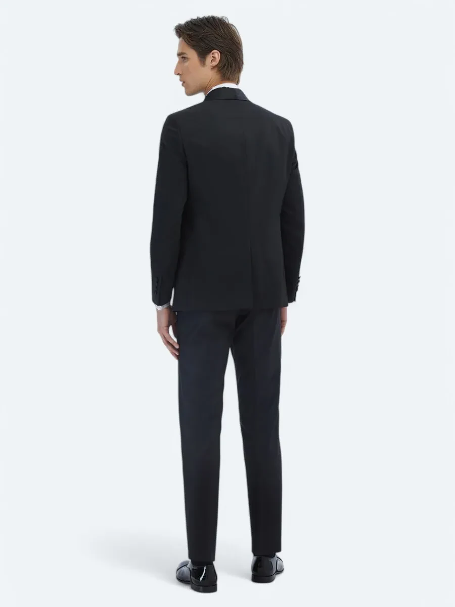 Black Plain Slim Fit Removable Shawl Collar Weaving Tuxedo - 5