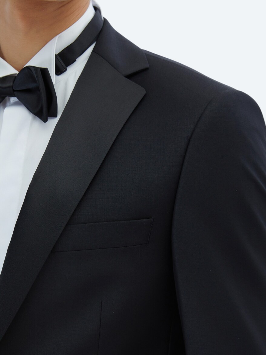 Black Plain Slim Fit Shawl Collar Weaving Tuxedo - 4