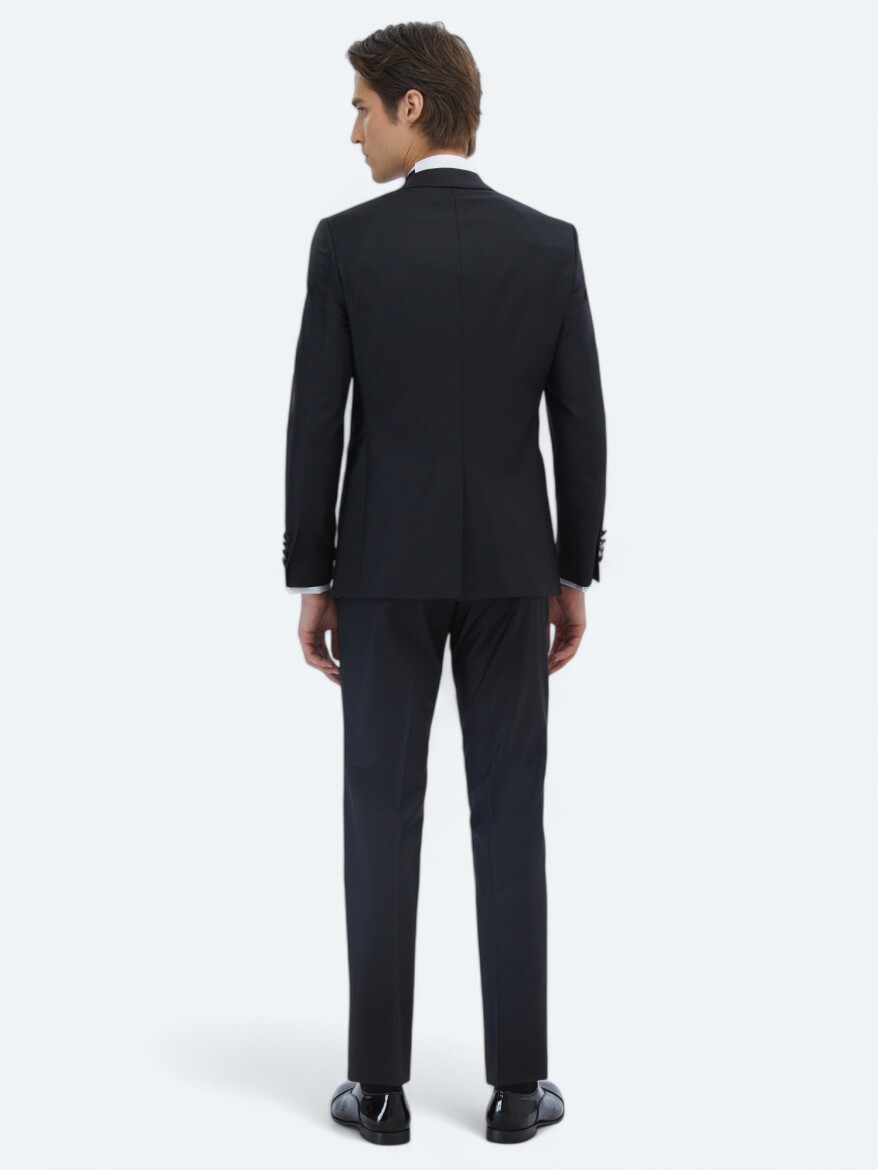 Black Plain Slim Fit Shawl Collar Weaving Tuxedo - 5