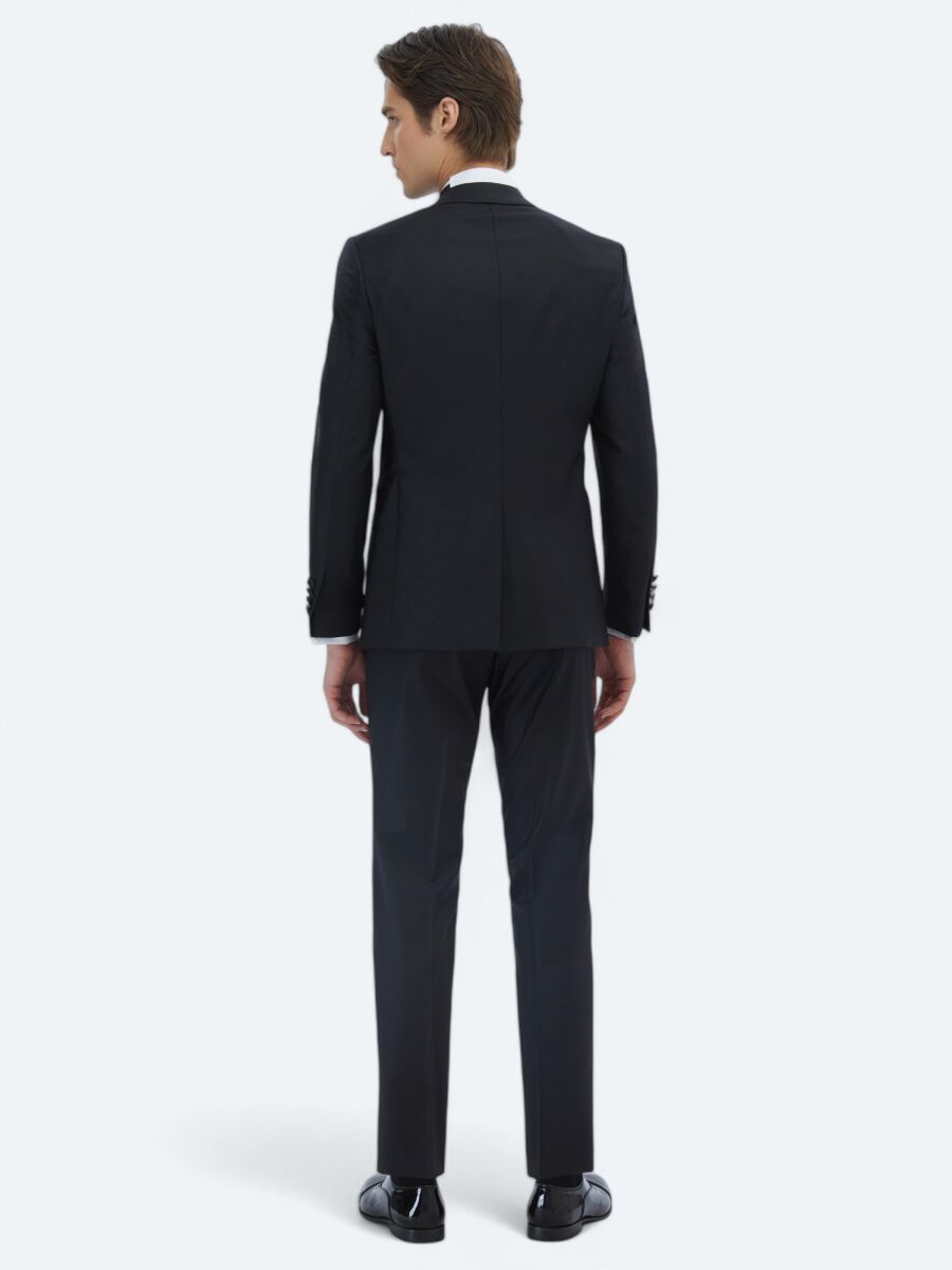 Black Plain Slim Fit Shawl Collar Weaving Tuxedo - 5