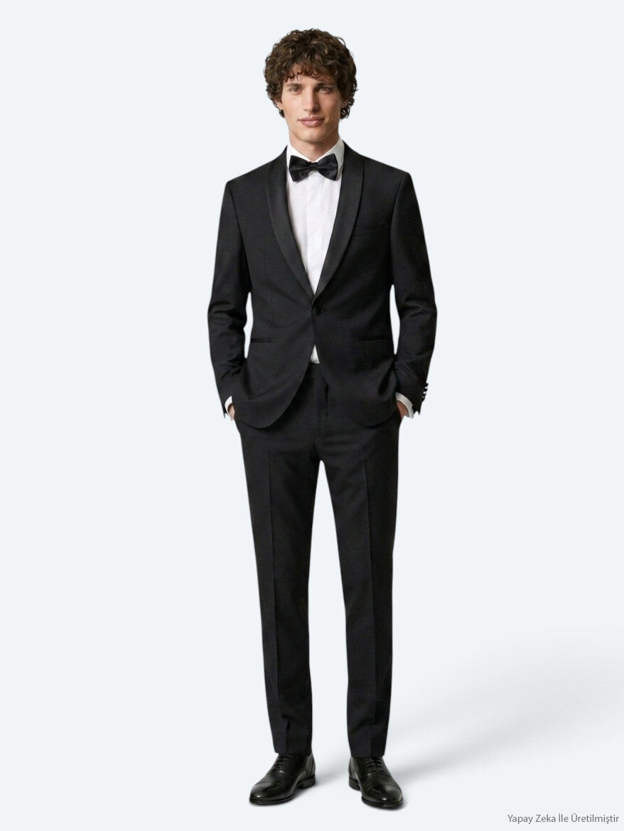 Black Plain Slim Fit Shawl Collar Weaving Tuxedo - KİP