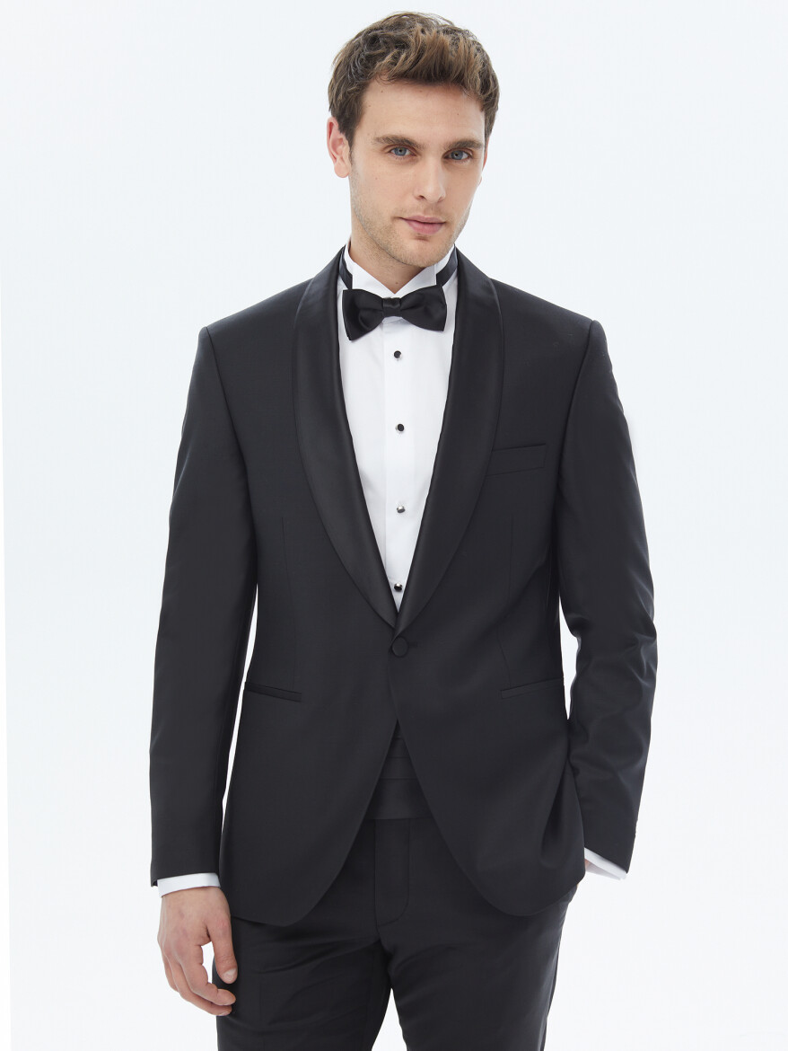 Black Plain Slim Fit Shawl Collar Weaving Tuxedo - 1