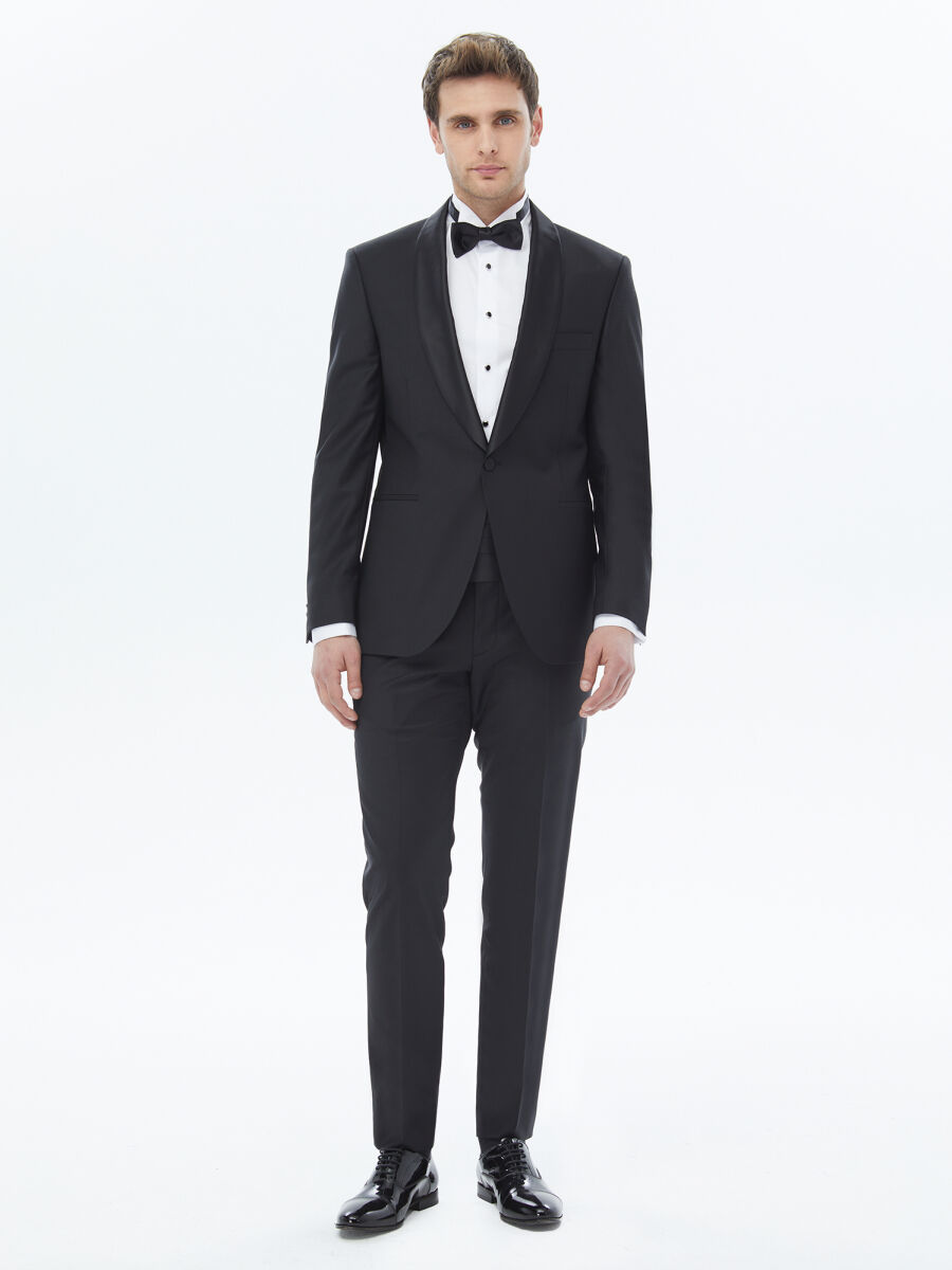 Black Plain Slim Fit Shawl Collar Weaving Tuxedo - 2