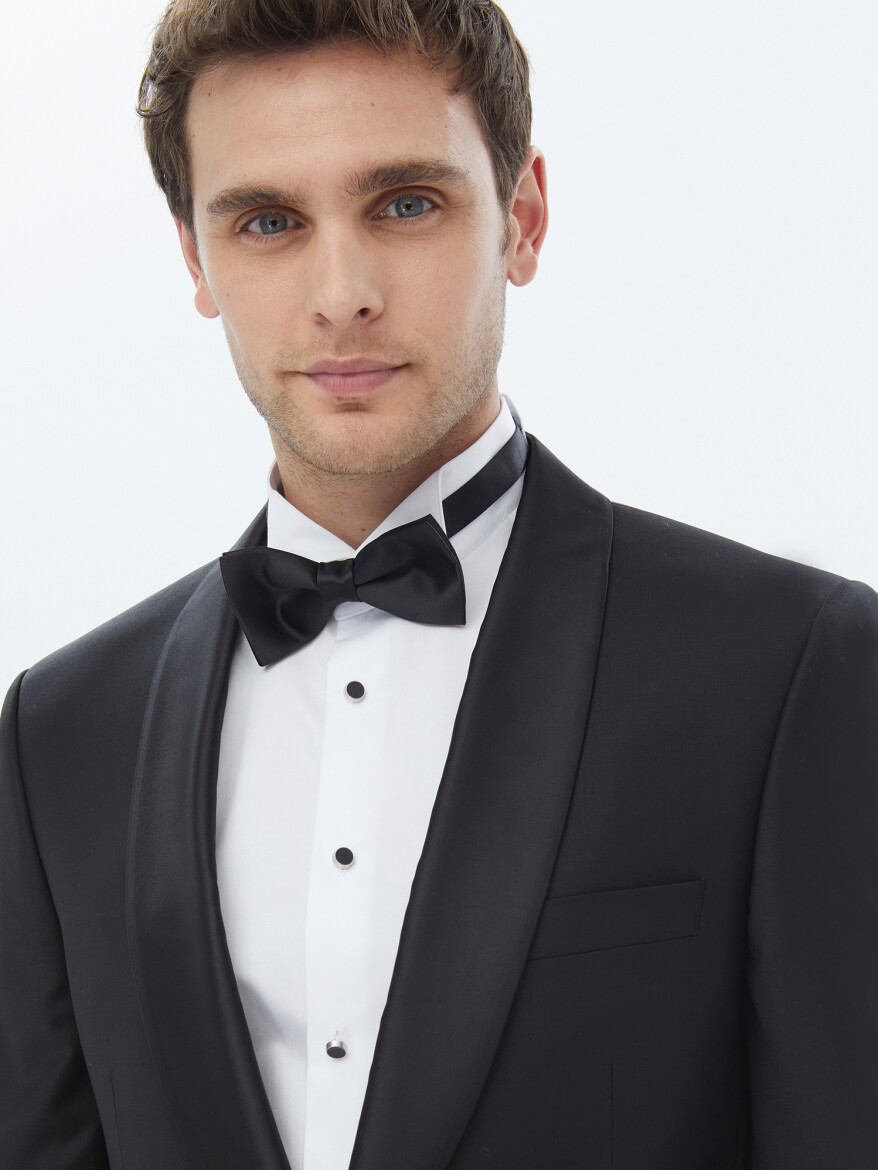 Black Plain Slim Fit Shawl Collar Weaving Tuxedo - 3