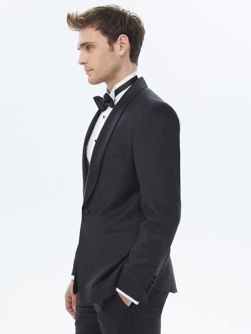 Black Plain Slim Fit Shawl Collar Weaving Tuxedo - 4
