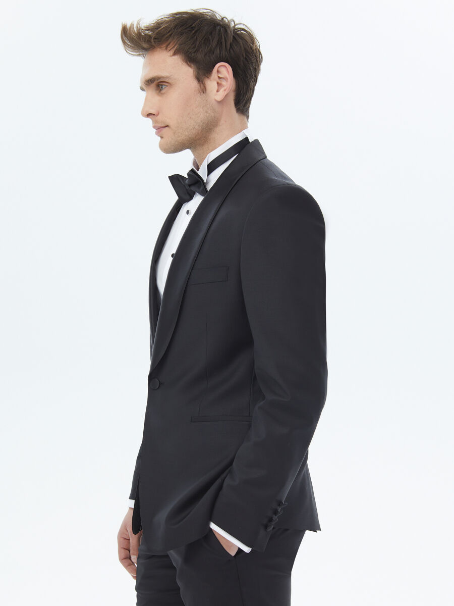 Black Plain Slim Fit Shawl Collar Weaving Tuxedo - 4