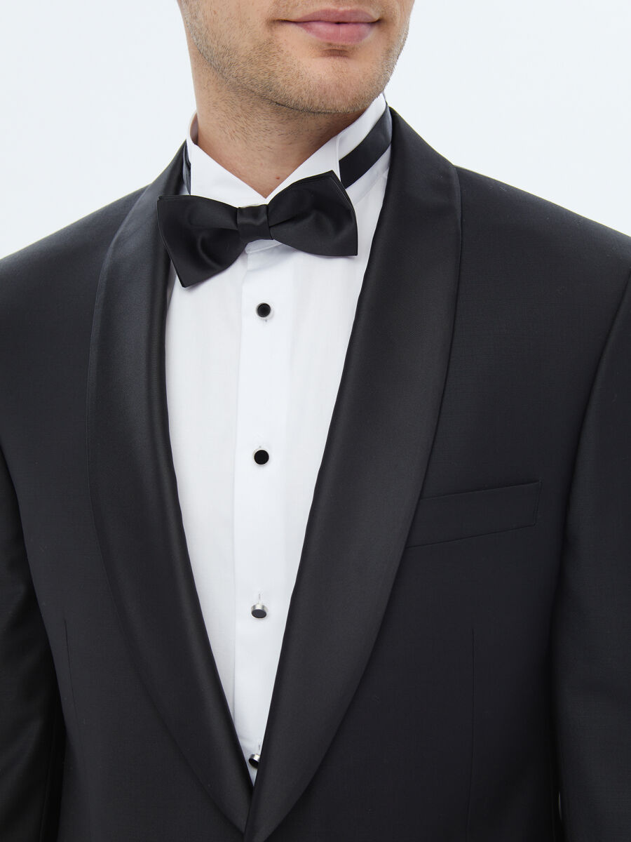 Black Plain Slim Fit Shawl Collar Weaving Tuxedo - 5