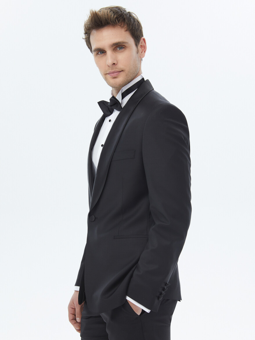 Black Plain Slim Fit Shawl Collar Weaving Tuxedo - 6