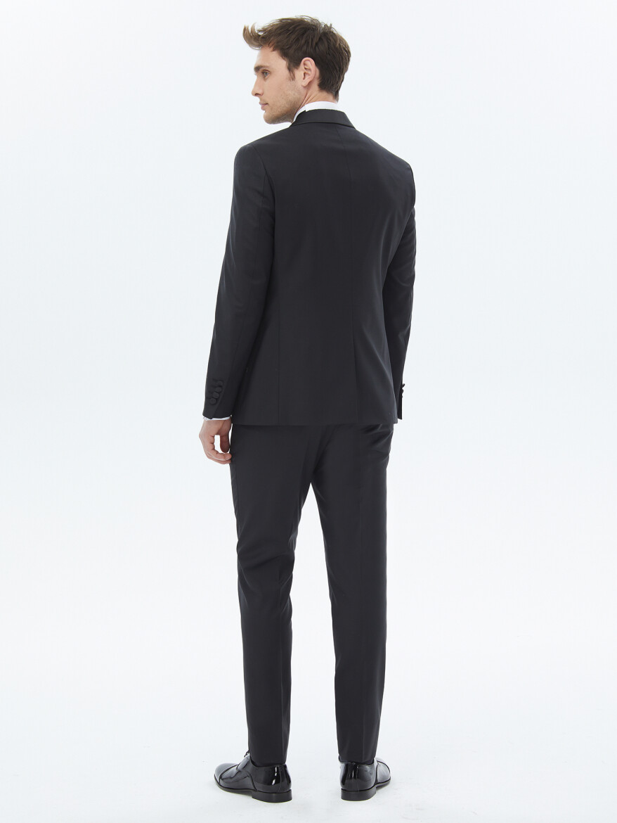 Black Plain Slim Fit Shawl Collar Weaving Tuxedo - 8