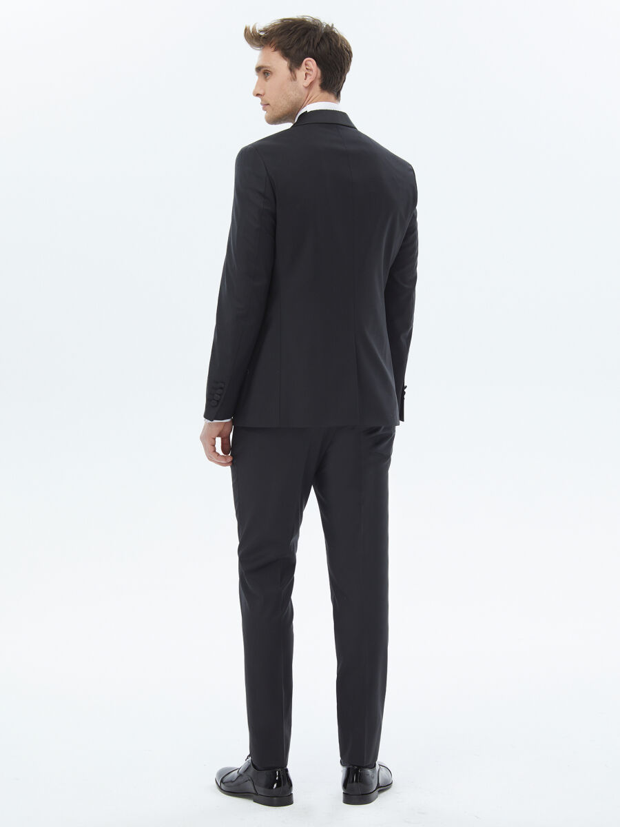 Black Plain Slim Fit Shawl Collar Weaving Tuxedo - 8
