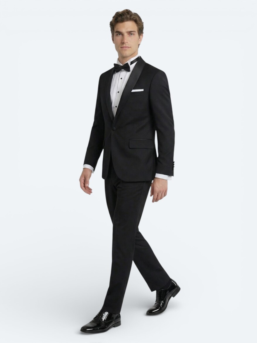 Black Plain Slim Fit Shawl Collar Weaving Tuxedo - KİP