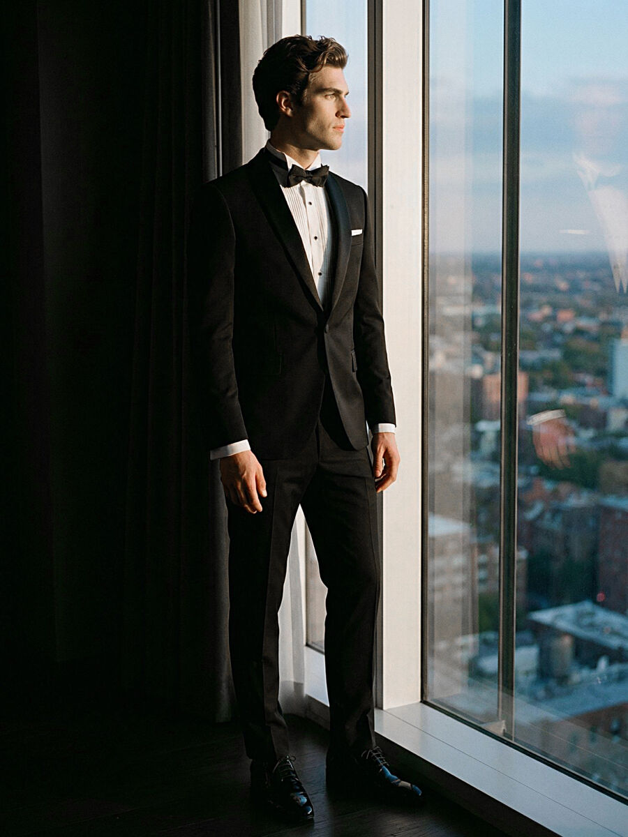 Black Plain Slim Fit Shawl Collar Weaving Tuxedo - 5