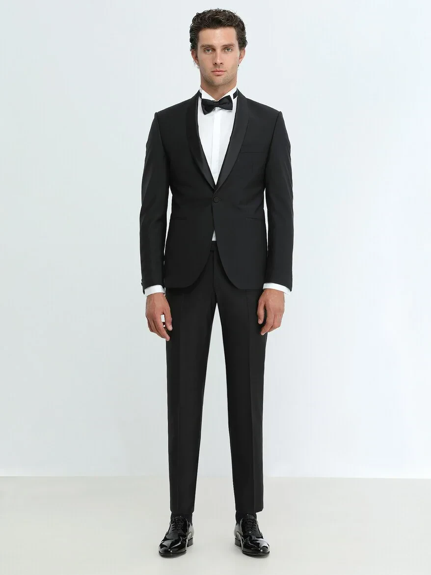 Black Plain Slim Fit Shawl Collar Weaving Tuxedo - 2