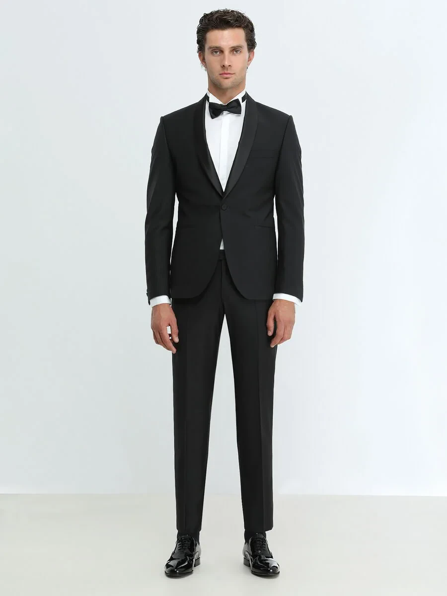 Black Plain Slim Fit Shawl Collar Weaving Tuxedo - 2