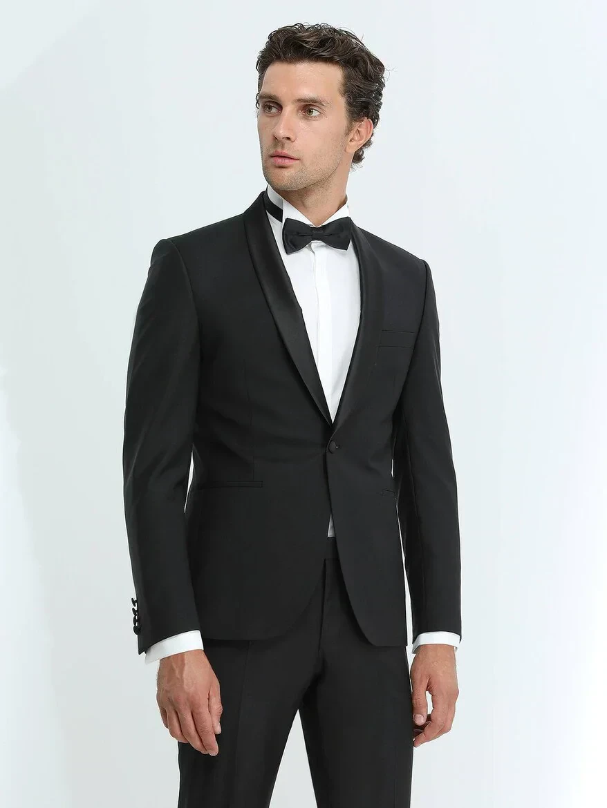 Black Plain Slim Fit Shawl Collar Weaving Tuxedo - 3