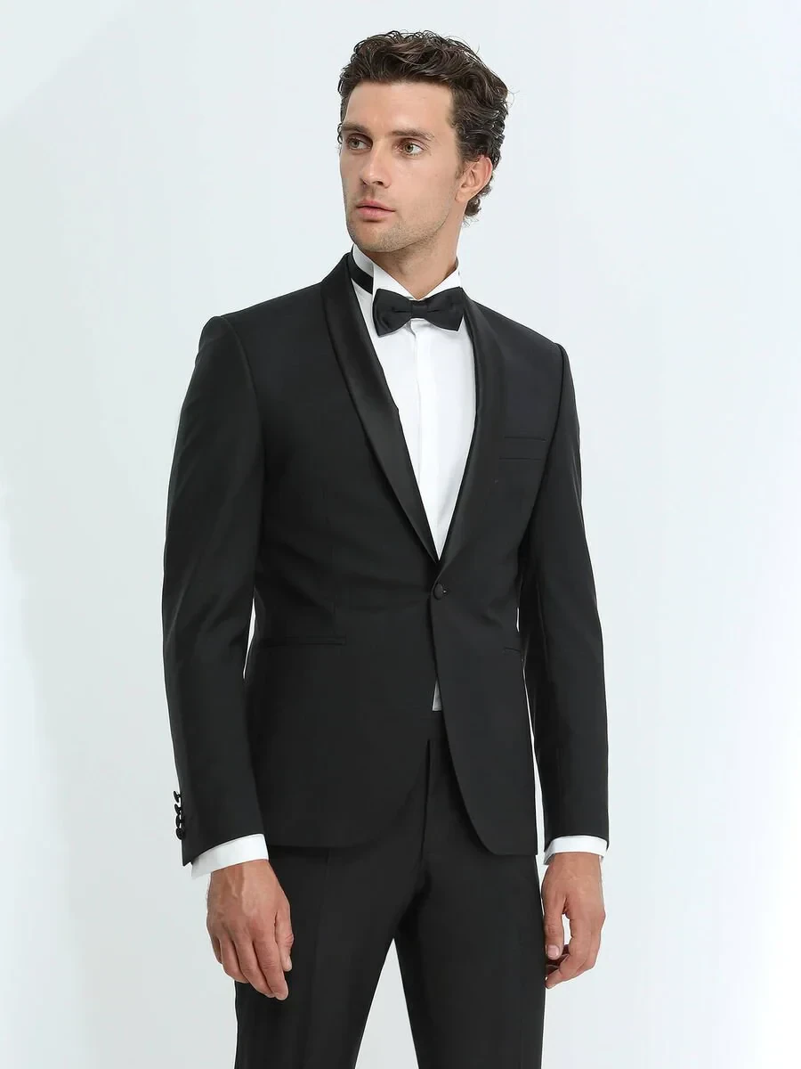 Black Plain Slim Fit Shawl Collar Weaving Tuxedo - 3