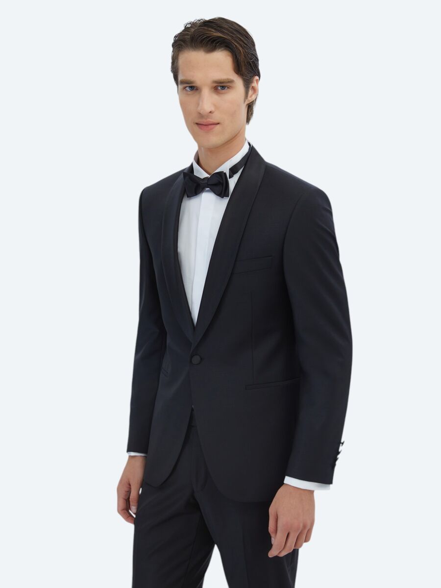 Black Plain Slim Fit Shawl Collar Weaving Tuxedo - 1