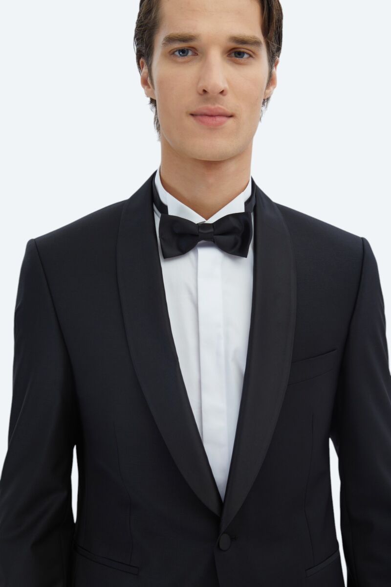 Black Plain Slim Fit Shawl Collar Weaving Tuxedo - 3