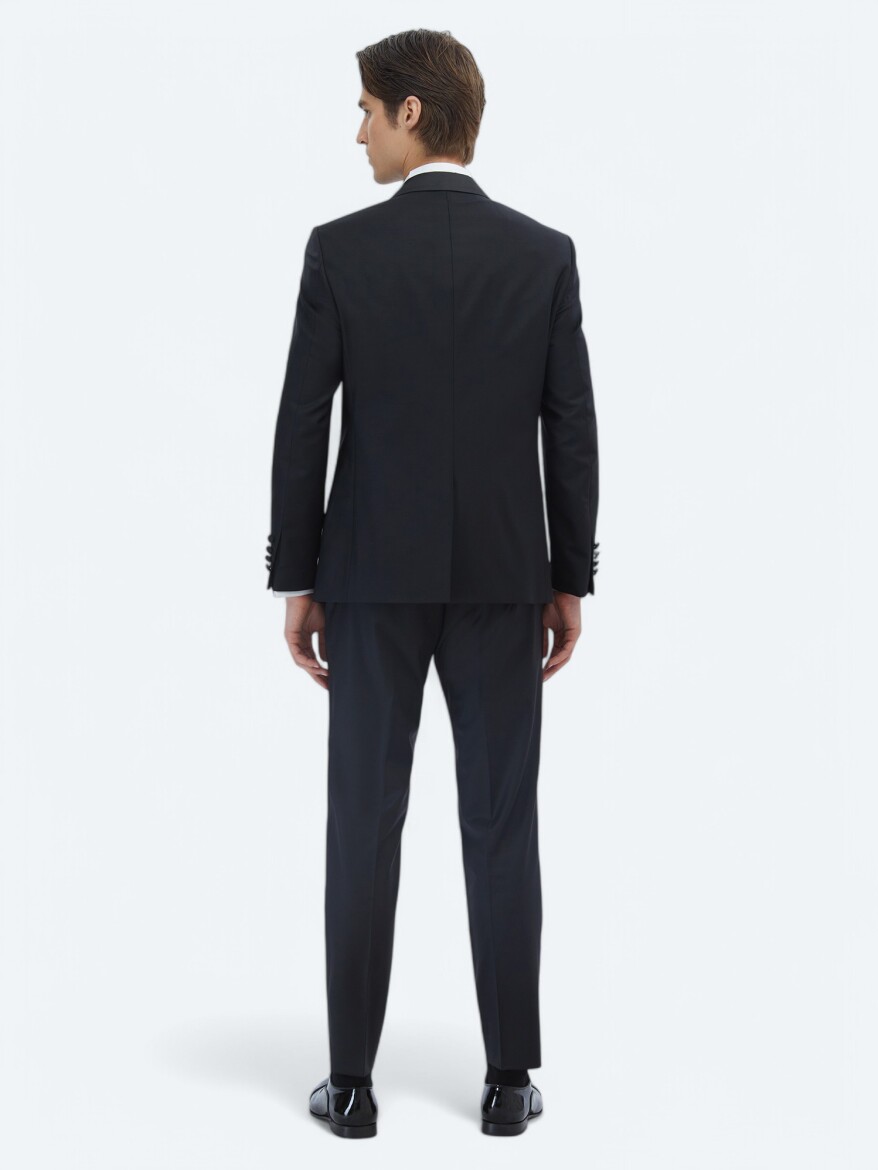 Black Plain Slim Fit Shawl Collar Weaving Tuxedo - 5