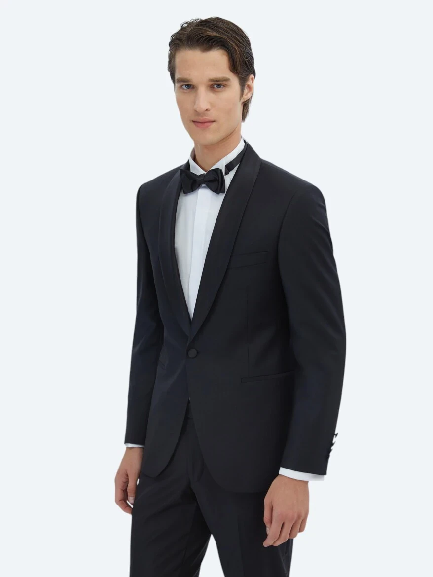 Black Plain Slim Fit Shawl Collar Weaving Tuxedo - 1