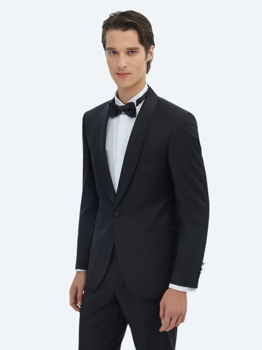 Black Plain Slim Fit Shawl Collar Weaving Tuxedo - 1