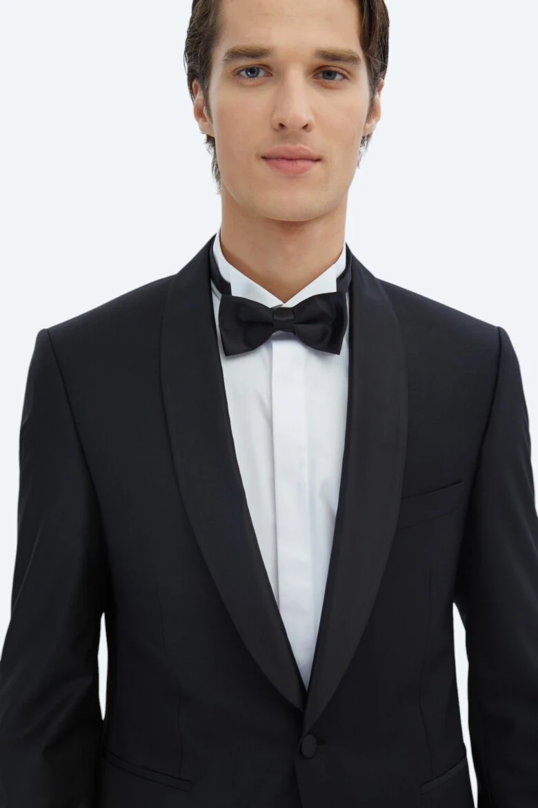 Black Plain Slim Fit Shawl Collar Weaving Tuxedo - 3